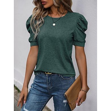 Crew Neck Ruched-Shoulder Tee, Heather Jersey Loose Fit Top