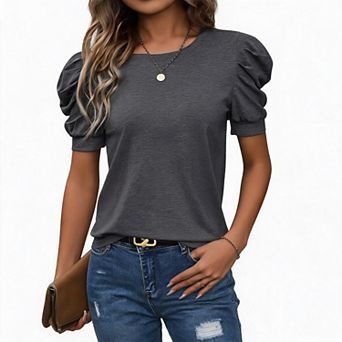 Crew Neck Ruched-Shoulder Tee, Heather Jersey Loose Fit Top