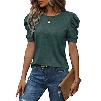 Crew Neck Ruched-Shoulder Tee, Heather Jersey Loose Fit Top