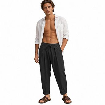 Men's Crinkled Linen Blend Drawstring Waist Pleated Tapered Ankle Pants Casual Vacation Trousers