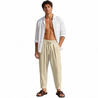 Men's Crinkled Linen Blend Drawstring Waist Pleated Tapered Ankle Pants Casual Vacation Trousers