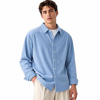 Men's Vertical Striped Corduroy Long Sleeve Button Down Shirt Oversized Loose Casual Shacket Top