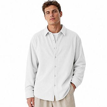 Men's Vertical Striped Corduroy Long Sleeve Button Down Shirt Oversized Loose Casual Shacket Top