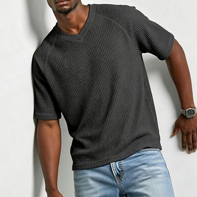 Men's Waffle Knit V Neck Short Sleeve T Shirts Raglan Sleeve Loose Casual Basic Tees