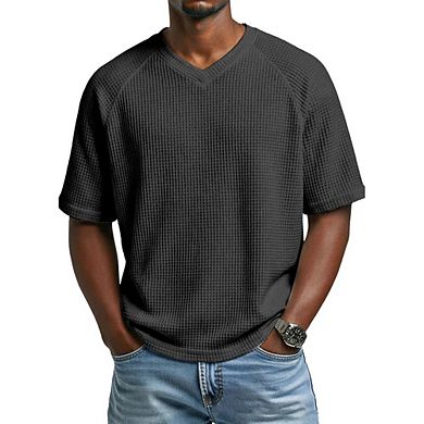Men's Waffle Knit V Neck Short Sleeve T Shirts Raglan Sleeve Loose Casual Basic Tees