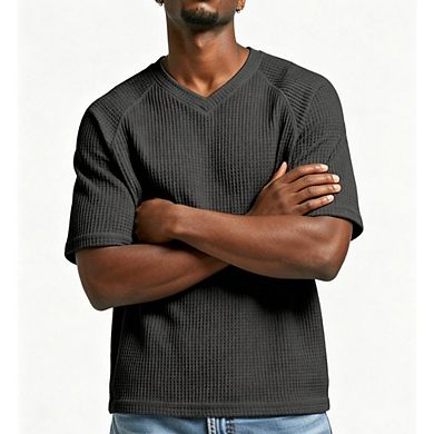 Men's Waffle Knit V Neck Short Sleeve T Shirts Raglan Sleeve Loose Casual Basic Tees