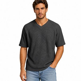 Men's Waffle Knit V Neck Short Sleeve T Shirts Raglan Sleeve Loose Casual Basic Tees