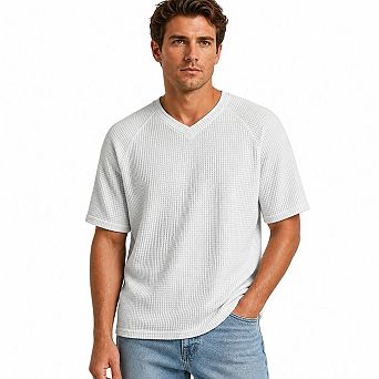 Men's Waffle Knit V Neck Short Sleeve T Shirts Raglan Sleeve Loose Casual Basic Tees