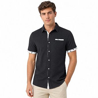 Men Waffle Knit Short Sleeve Button Down Shirt Contrast Bird Print Trim Collared Casual Beach Shirt