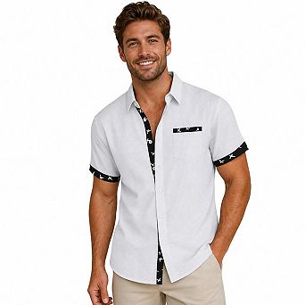 Men Waffle Knit Short Sleeve Button Down Shirt Contrast Bird Print Trim Collared Casual Beach Shirt