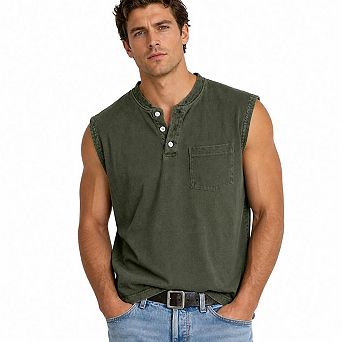 Men's Washed Vintage Henley Sleeveless Tank Top 3 Button Chest Pocket Casual Muscle Shirts