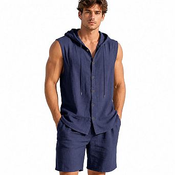 Men's Linen Sleeveless Hooded Shirt Shorts Set 2 pc Casual Beach Vacation Outfit