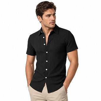 Men's Textured Jacquard Short Sleeve Button Down Shirt Cuban Collar Casual Summer Beach Shirts