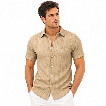 Men's Textured Jacquard Short Sleeve Button Down Shirt Cuban Collar Casual Summer Beach Shirts
