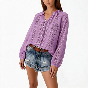 Women V-Neck Hollow-Out Crochet Long Sleeve Blouse, Casual Button Top