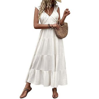 Summer Casual Maxi Dress for Women v Neck Ruffle Sleeve Flowy Tiered Beach Boho Long Sundress