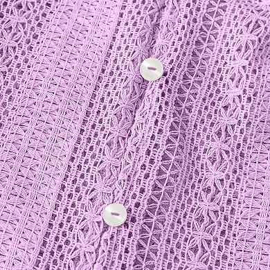 V-Neck Hollow Crochet Blouse, Long Sleeve Button-Front Casual Top