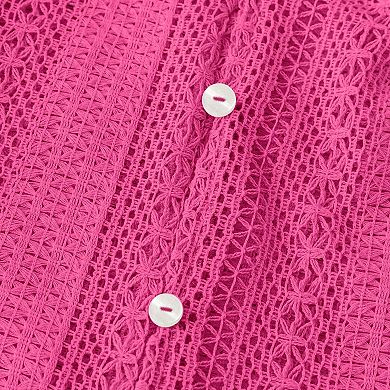 V-Neck Hollow Crochet Blouse, Long Sleeve Button-Front Casual Top