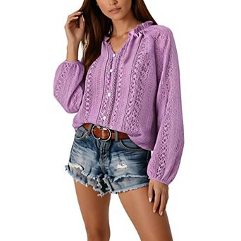 V-Neck Hollow Crochet Blouse, Long Sleeve Button-Front Casual Top