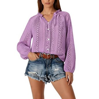 Long Sleeve V-Neck Crochet Blouse with Hollow Detail and Keyhole Button