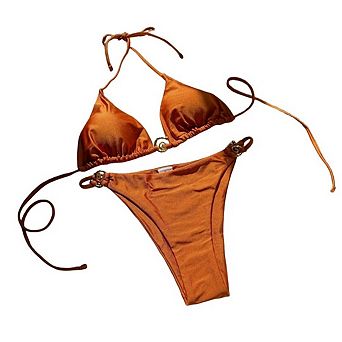 Women's Halter Neck 2 pc Bikini, Metal Ring Tie-Back Elegant Swimwear for Vacation & Beach