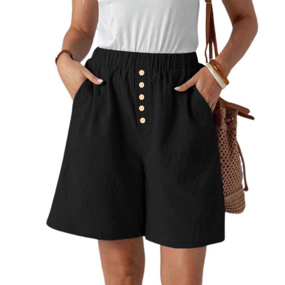 Women's Elastic High Waist Wide Leg Shorts, Button Down Loose