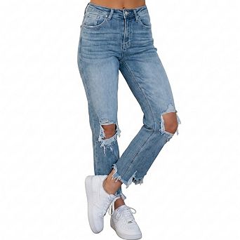 Women's High Waist Distressed Boyfriend Jeans, Ripped Straight Ankle Denim Pants for Casual Wear