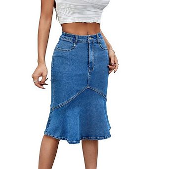 Women's High Waist Stretch Denim Skirt, Knee Length Jean Skirt