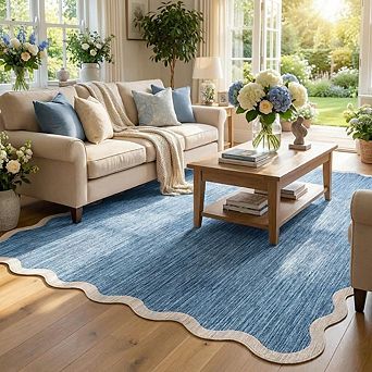 Scalloped Washable Rugs for Living Room Area Rugs Stain Resistant Carpet for Dining Room Dorm