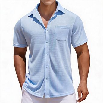 Men's Summer Button Down Shirts Short Sleeve Casual Beach Vacation Wedding Shirt with Pocket