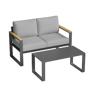 Patio Loveseat and Coffee Table Set - Modern All-Weather Outdoor Furniture - Washable Thick Cushions