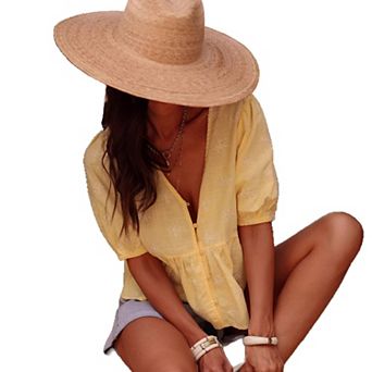 Womens Floral Babydoll T Shirts Puff Short Sleeve Button Down V Neck Ruffle Flowy Loose Blouses Tops