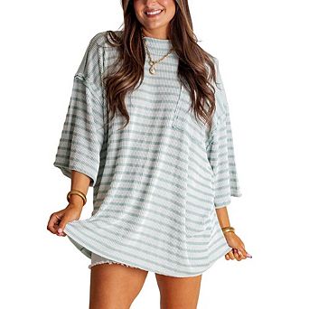 Womens Summer Oversized Stripe T Shirts Casual Mid Sleeve Loose Fit Drop Shoulder Crewneck Blouses