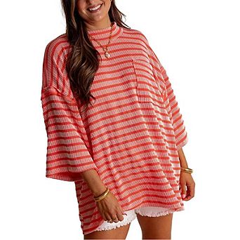 Womens Summer Oversized Stripe T Shirts Casual Mid Sleeve Loose Fit Drop Shoulder Crewneck Blouses