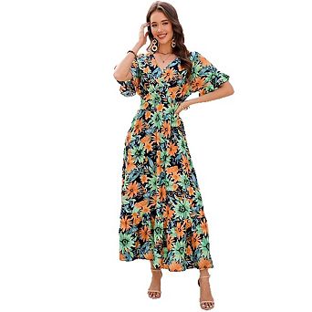 Womens Boho Maxi Dress Casual Floral V Neck Ruffle Short Sleeve Cocktail Party Wedding Long Dresses