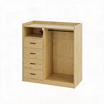 Wardrobe Closet Organizer with Hanging Rack, LED Lights, Charging Station, Open Shelves