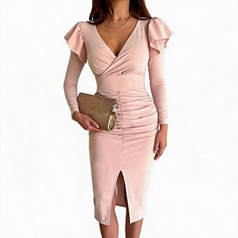 Womens Elegant Bodycon Maxi Dress V Neck Ruffle Cap Long Sleeve Ruched Side Slit Wrap Long Dresses