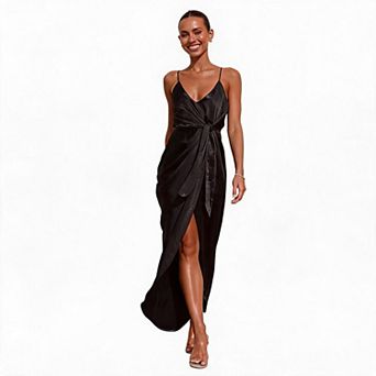 Womens Fashion Maxi Dress V Neck Spaghetti Straps High Split Slit Long Cocktail Dress with Waist Tie
