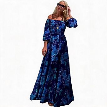 Women's Summer Floral Print Flowy A Line Maxi Dresses Mid Lengrth Sleeve Smocked Off Shoulder Dress