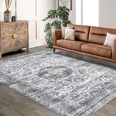 lxt-Machine Washable Vintage Rug Non Slip Rug Retro Medallion Distressed Foldable Carpet