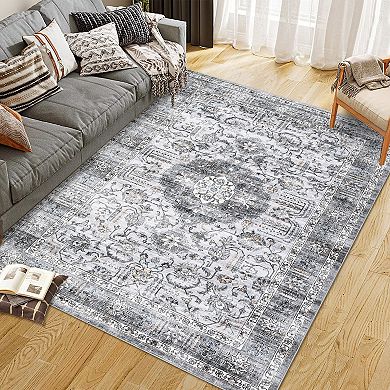 lxt-Machine Washable Vintage Rug Non Slip Rug Retro Medallion Distressed Foldable Carpet