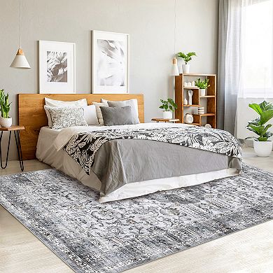 lxt-Machine Washable Vintage Rug Non Slip Rug Retro Medallion Distressed Foldable Carpet