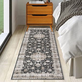 Machine Washable Vintage Rug Non Slip Non Shedding Rug Retro Medallion Distressed Foldable Carpet