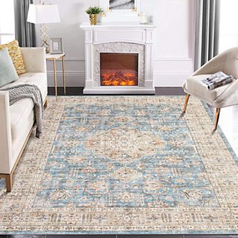 lxt-Machine Washable Vintage Rug Non Slip Rug Retro Medallion Distressed Foldable Carpet