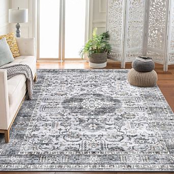 lxt-Machine Washable Vintage Rug Non Slip Rug Retro Medallion Distressed Foldable Carpet