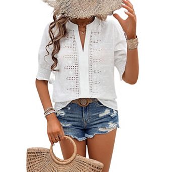Womens Summer Business Casual Blouses V Neck Short Puff Sleeve Shirts Hollow Out Cute Tops