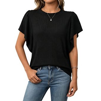 Womens Blouses Summer Casual Flutter Short Sleeve Tops Basic Textured Round Neck T Shirts Blouse