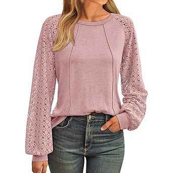 Womens Lace Puff Long Sleeve Tunic Tops Fall Casual Dressy Work Blouse Loose Fit Crew Neck Shirts