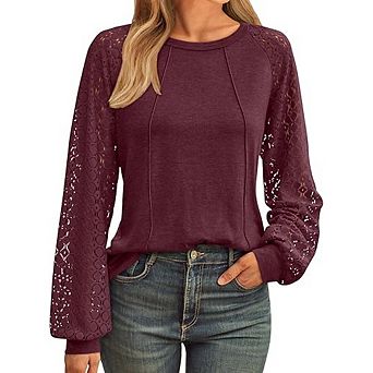 Womens Lace Puff Long Sleeve Tunic Tops Fall Casual Dressy Work Blouse Loose Fit Crew Neck Shirts