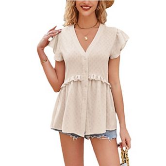 Womens Summer Blouses Dressy Casual Ruffle Sleeve V Neck Peplum Tops Business Work Button Down Shirt